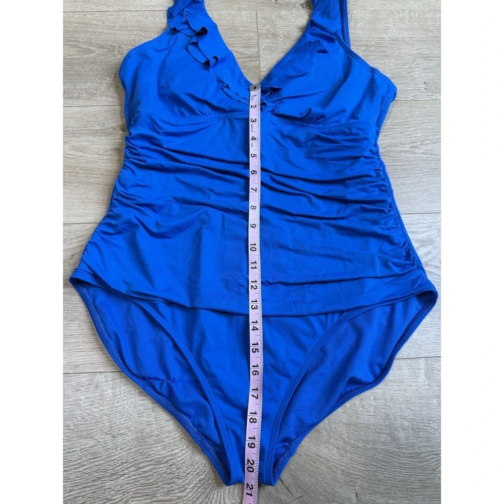 EUC Lauren Ralph Lauren‎ Ruffle Underwire Blue One Piece Tummy Ruched  Size 16